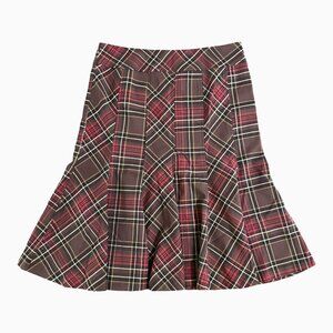 KENAR Brown & Red Plaid‎ Flared Flounce Hem Long Skirt Stretch Academia Corpcore